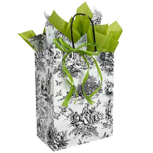 White paper shopping bag printed with a black French toile, twisted paper handles