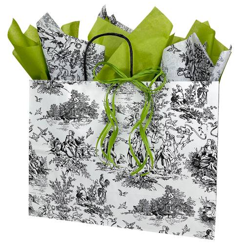 White paper shopping bag printed with a black French toile, twisted paper handles