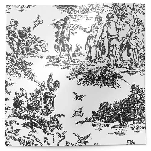 French Toile Black Printed Tissue Paper — classic french toile scenes in black on white background