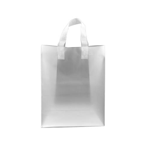 Translucent frosted clear poly shopping bag with soft flexi-loop handles and gusseted bottom — 10 x 5 x 13