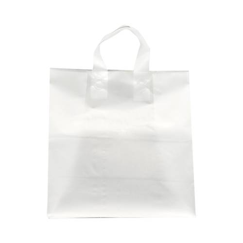 Translucent frosted clear poly shopping bag with soft flexi-loop handles and gusseted bottom — 13 x 7 x 13