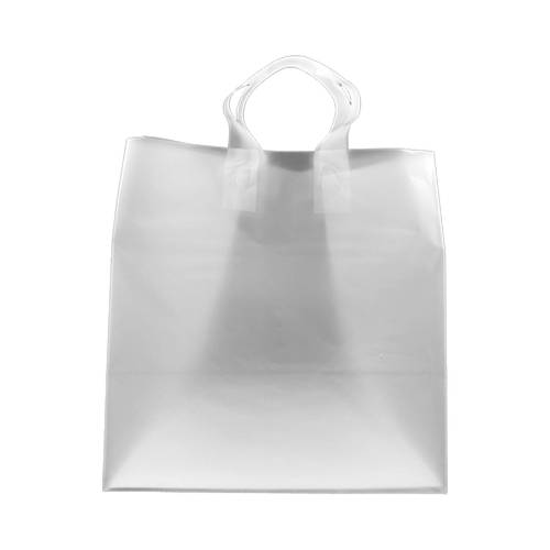 Translucent frosted clear poly shopping bag with soft flexi-loop handles and gusseted bottom — 14 x 10 x 15