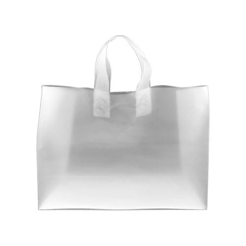 Translucent frosted clear poly shopping bag with soft flexi-loop handles and gusseted bottom — 16 x 6 x 12