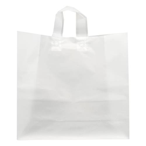 Translucent frosted clear poly shopping bag with soft flexi-loop handles and gusseted bottom — 17 x 7 x 18