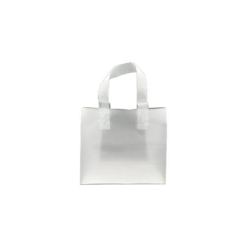 Translucent frosted clear poly shopping bag with soft flexi-loop handles and gusseted bottom — 8 x 4 x 7