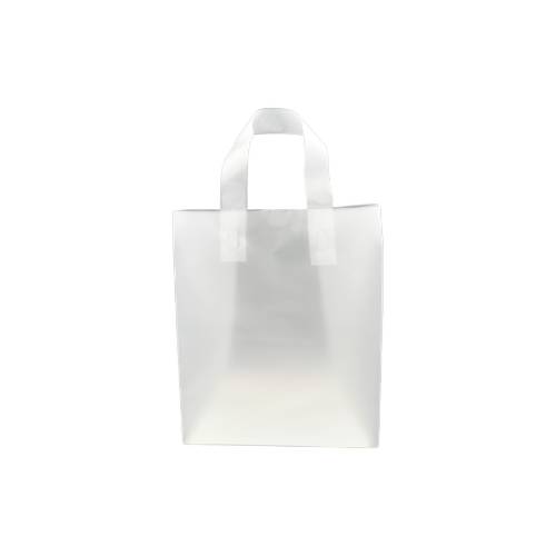 Translucent frosted clear poly shopping bag with soft flexi-loop handles and gusseted bottom — 8 x 5 x 10
