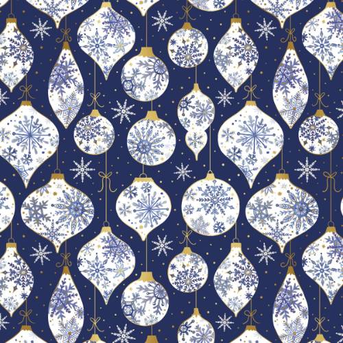 Frosted Ornaments Gift Wrap Paper - frosted silver and white Christmas ornaments on a midnight blue background