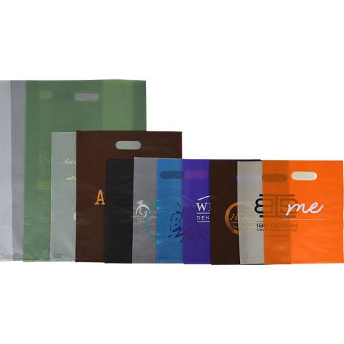 Frosted tint poly merchandise bags in assorted colors with die-cut handles — 14 x 3 x 21