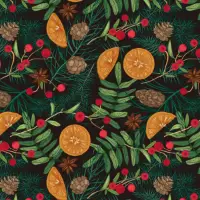 Fruit, Berries and Pinecones Gift Wrap Paper with orange slices, cranberries, pinecones, and evergreens on a dark background