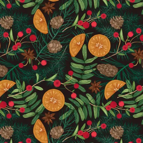 Fruit, Berries and Pinecones Gift Wrap Paper with orange slices, cranberries, pinecones, and evergreens on a dark background