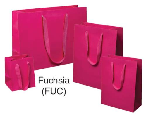 Fuchsia pink Manhattan shopping bags in matte uncoated paper with flat woven cotton-twill handles, shown in multiple sizes