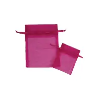 Fuchsia organza bag 3x4 - sheer drawstring pouch in a vivid magenta-pink weave, shown upright with a second bag laid in front