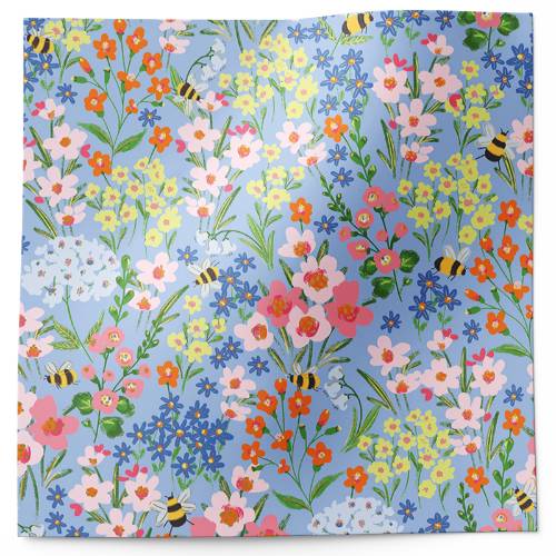 Garden bees tissue paper with colorful wildflowers and bees on soft blue