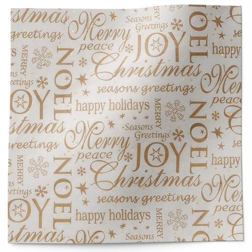 Gemstones Tissue Paper - Noel — Holiday script words Joy, Noel, Peace on kraft-tone tissue with gold metallic sparkle