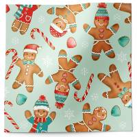 Gingerbread cookies tissue paper with illustrated gingerbread people and candy canes on soft mint