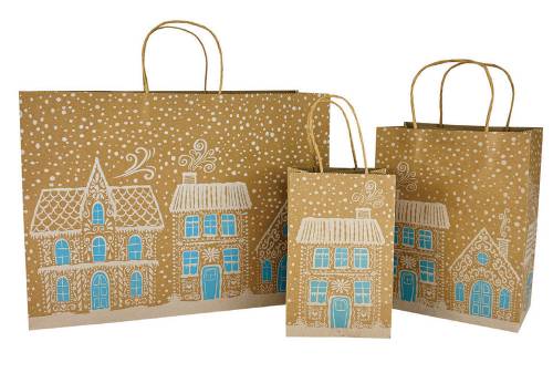 Kraft paper shopping bags with gingerbread house and snowflake print in blue, twisted paper handles