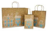 Kraft paper shopping bags with gingerbread house and snowflake print in blue, twisted paper handles