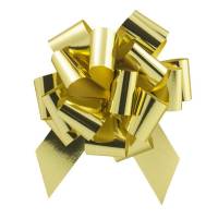 Glitter Gold pom style pull bow shown fully gathered, with looped metallic glitter ribbon and two pointed tail streamers