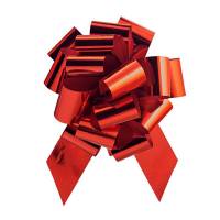 Glitter Red pom style pull bow shown fully gathered, with looped metallic glitter ribbon and two pointed tail streamers