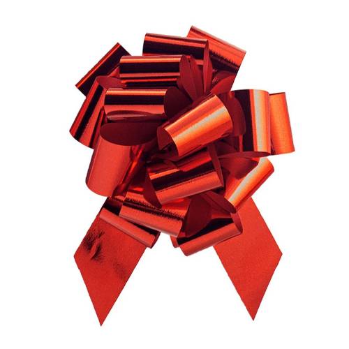 Glitter Red pom style pull bow shown fully gathered, with looped metallic glitter ribbon and two pointed tail streamers