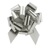 Glitter Silver pom style pull bow shown fully gathered, with looped metallic glitter ribbon and two pointed tail streamers