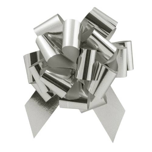 Glitter Silver pom style pull bow shown fully gathered, with looped metallic glitter ribbon and two pointed tail streamers