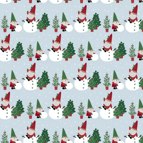 Gnomey Snowman Gift Wrap Paper with gnomes building snowmen beside Christmas trees on ice blue with white dots