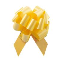 Gold pom style pull bow shown fully gathered, with looped smooth poly ribbon and two pointed tail streamers