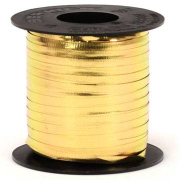 Gold metallic curling ribbon on a cylindrical spool — shiny foil polypropylene, 3/16" width, 250 yards