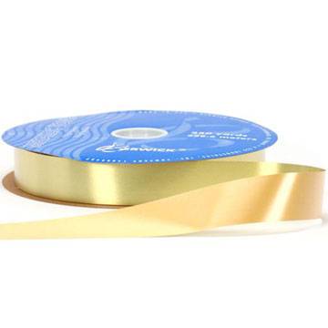 Gold metallic tone ribbon on a flat spool — woven metallic finish, 1 1/4" width, 250 yards