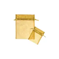 Gold organza bag 3x4 - sheer drawstring pouch in a warm honey-gold weave with a soft sheen, shown upright with a second bag laid in front