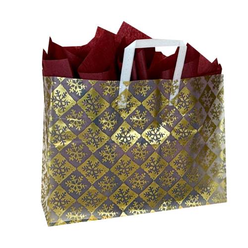 Frosted plastic shopping bag with a gold snowflake check print, soft-loop plastic handles