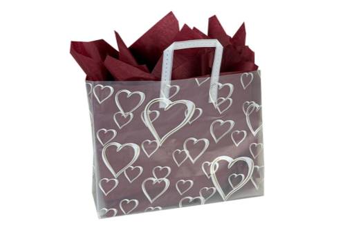 Scattered heart-outline print on a frosted clear poly shopping bag with soft loop handles — 16 x 6 x 12