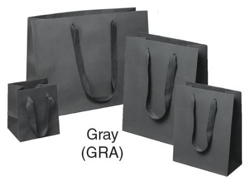 Medium gray Manhattan shopping bags in matte uncoated paper with flat woven cotton-twill handles, shown in multiple sizes