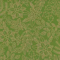 Green Leaves Gift Wrap Paper with gold line art poinsettias, leaves, and berries on olive green
