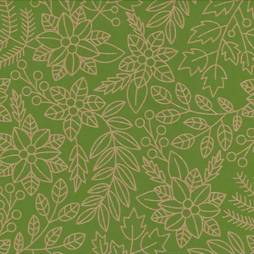 Green Leaves Gift Wrap Paper with gold line art poinsettias, leaves, and berries on olive green