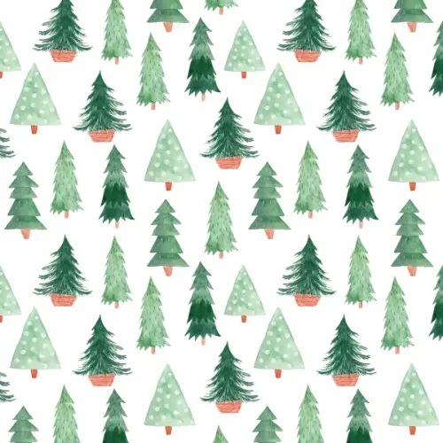 Green Trees on White Gift Wrap Paper with watercolor Christmas trees in mixed greens with terracotta pots on white
