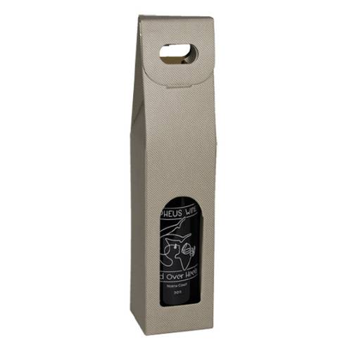 Grigio Wine Bottle Carrier 3.5x3.5x15 — upright folding carrier with die-cut handle and arched bottle window, gray groove finish