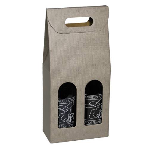Grigio Wine Bottle Carrier 7x3.5x15 — upright folding carrier with die-cut handle and arched bottle window, gray groove finish