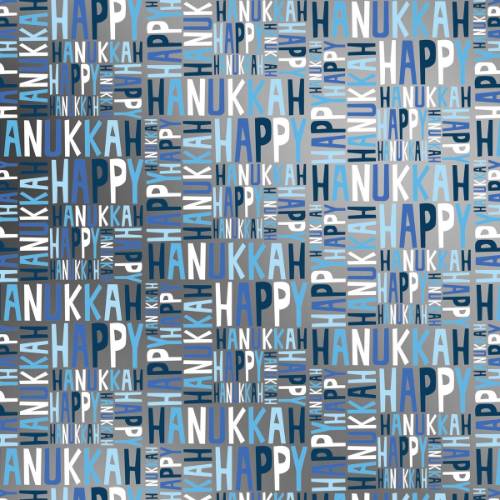 Hanukkah Greeting Silver Gift Wrap Paper - silver menorahs, dreidels, and Stars of David on a deep blue background