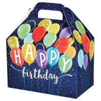 Happy Birthday Balloons large gable box — navy with colorful balloons and Happy Birthday, die-cut top carry handle
