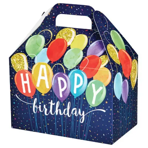 Happy Birthday Balloons large gable box — navy with colorful balloons and Happy Birthday, die-cut top carry handle