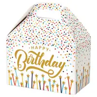 Happy Birthday Stars large gable box — gold Birthday script with scattered stars on white, die-cut top carry handle