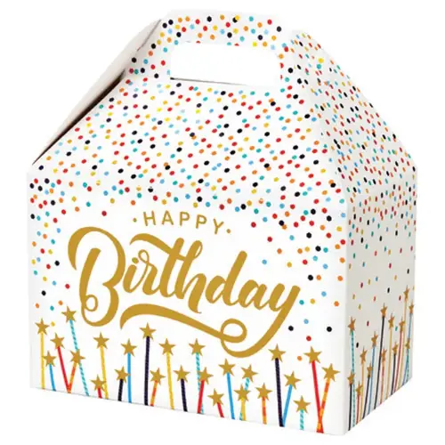 Happy Birthday Stars large gable box — gold Birthday script with scattered stars on white, die-cut top carry handle