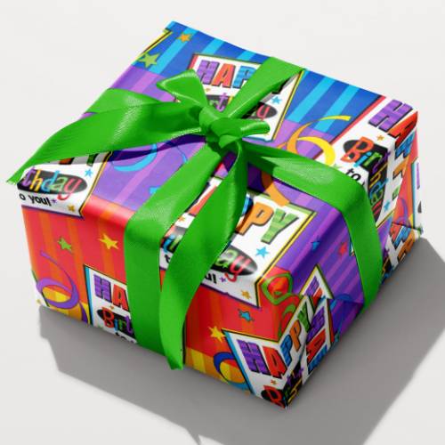 Bold striped birthday gift wrap with marquee style Happy Birthday to You signs, streamers, and stars in bright rainbow colors