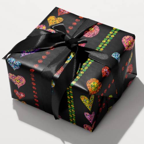 Black gift wrap with sequin textured hearts and beaded dot strands in rainbow pink, orange, gold, blue, and purple