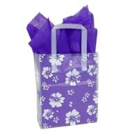 White hibiscus floral print on a frosted clear poly shopping bag with soft loop handles — 8 x 4 x 10