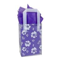 White hibiscus floral print on a frosted clear poly shopping bag with soft loop handles — 5 x 3 x 7