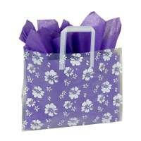White hibiscus floral print on a frosted clear poly shopping bag with soft loop handles — 16 x 6 x 12