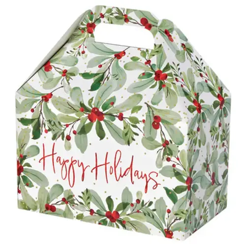 Holiday Berries large gable box — watercolor greenery and red berries on white, die-cut top carry handle